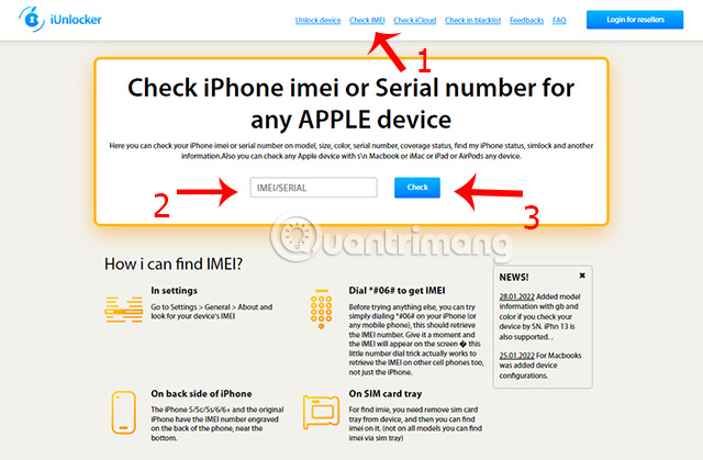Nhập mã IMEI vào khung IMEI/SERIAL sau đó nhấn Check.