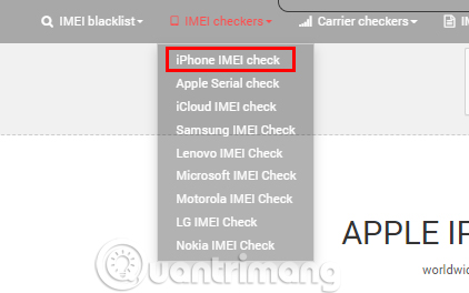 Ấn vào IMEI checkers trên cùng phía bên trái của giao diện. Chọn iPhone IMEI check.
