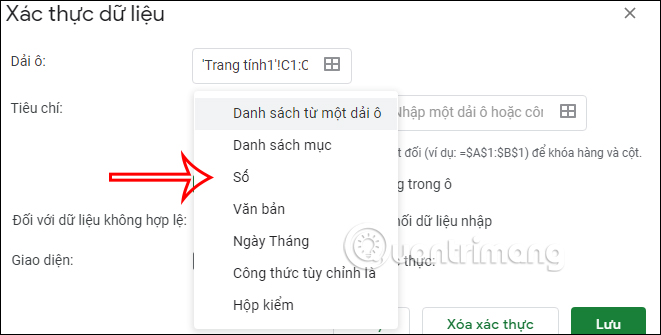 Danh sách xổ xuống trong Sheets