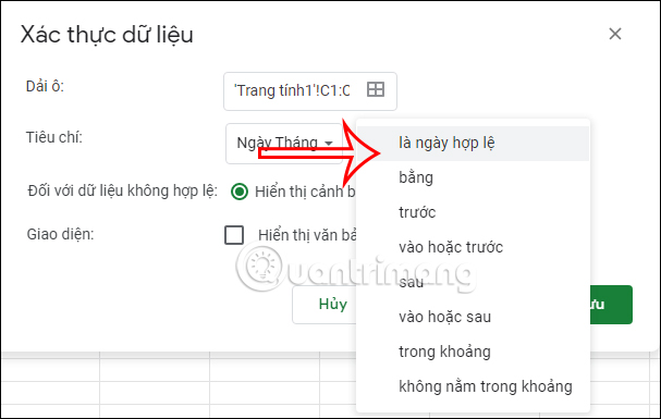 Chọn kiểu dữ liệu ngày tháng xổ xuống trong Sheets