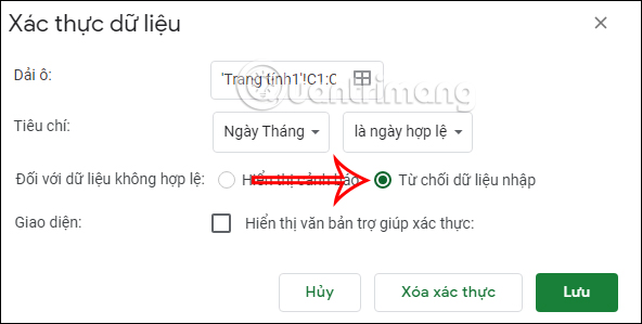 Tạo cảnh báo nhập dữ liệu trong Sheets