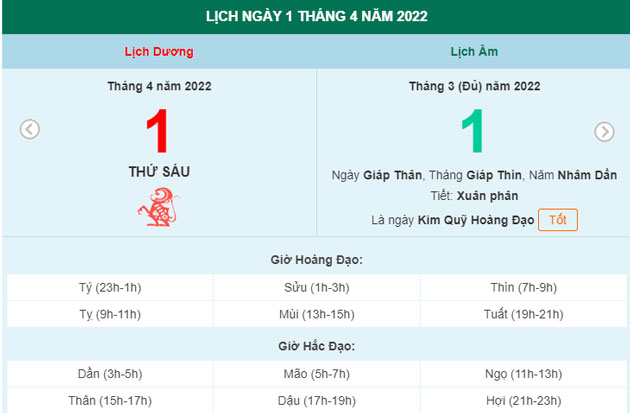 Xem lịch ngày 1/4/2022.