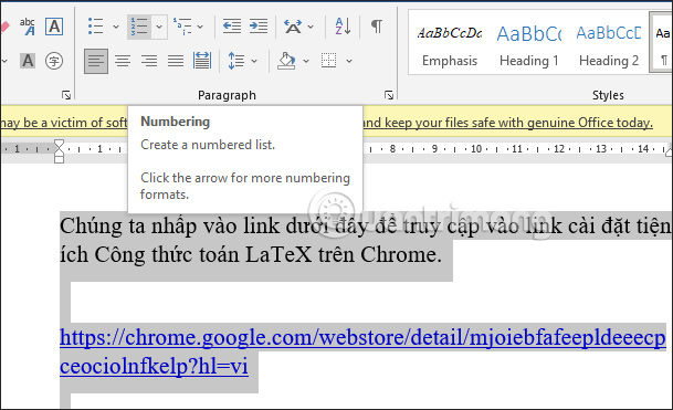 Đánh số thứ tự văn bản Word