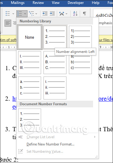 Chọn số thứ tự văn bản Word