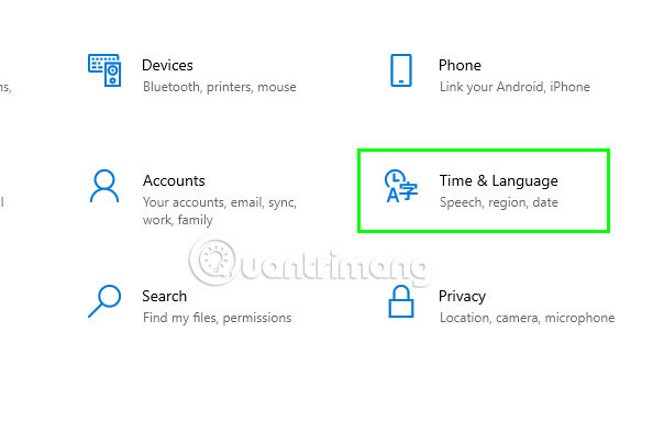 Tại cửa sổ Settings chọn Time & Language.