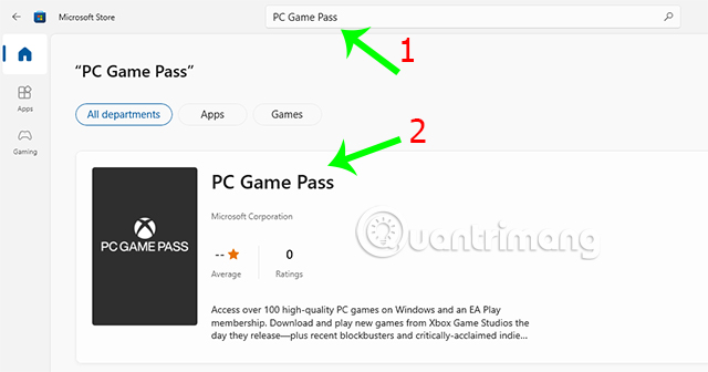 Gõ vào khung tìm kiếm PC Game Pass. Ấn vào PC Game Pass xuất hiện tại phần kết quả.