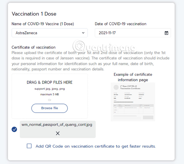 Điền thông tin tiêm chủng vắc xin