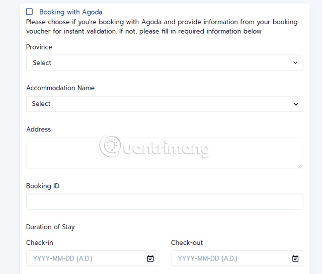 Điền thông tin nơi lưu trú của bạn khi ở Thái Lan