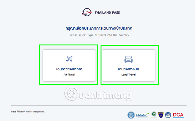Giao diện chính của website đăng ký Thailand Pass để bạn chọn hình thức nhập cảnh Thái Lan