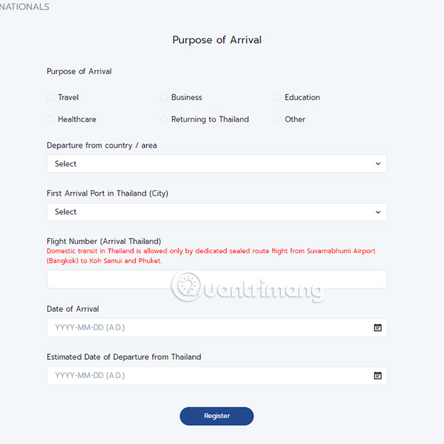 Điền mục đích nhập cảnh Thái Lan
