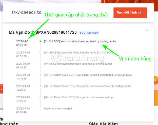 Chi tiết về hành trình của đơn hàng hiện lên tại tab