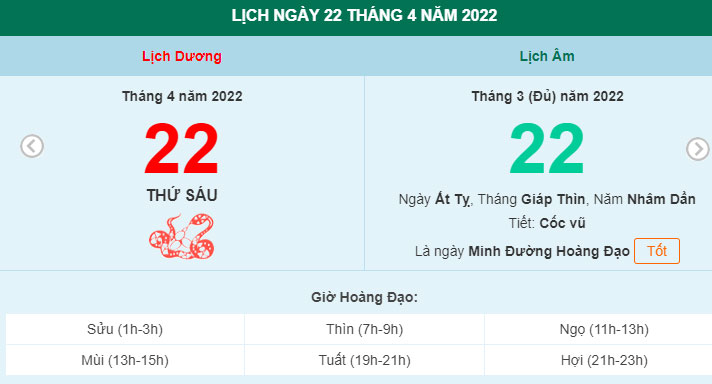 Xem lịch ngày 22/4/2022.