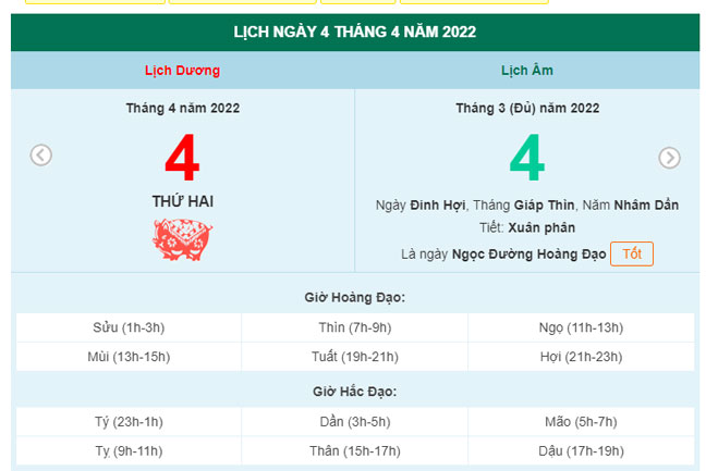 Xem lịch ngày 4/4/2022.