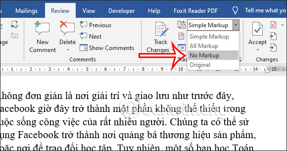 Nhấn No Markup ẩn comment trong Word