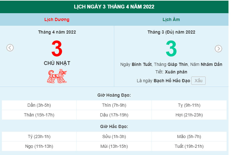 Xem lịch ngày 3/4/2022.