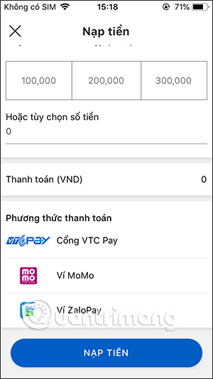 Chọn cách thức nạp tiền vào ví