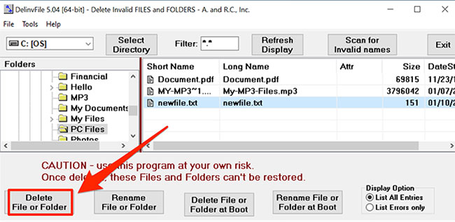 Nhấp vào nút Delete File or Folder