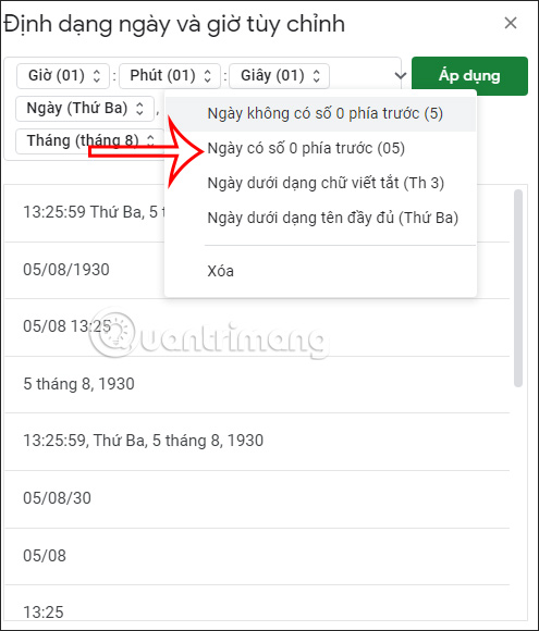 Chọn phần tử ngày giờ Google Sheets