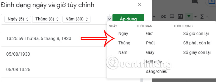 Phần tử ngày giờ Google Sheets