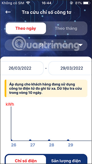 Theo dõi chỉ số công tơ theo ngày