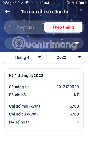 Theo dõi chỉ số công tơ theo tháng