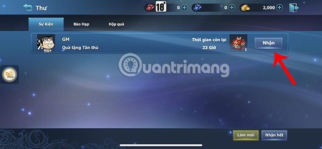 Ấn nút Nhận trong giao diện thư để nhận quà từ code vừa nhập thành công.