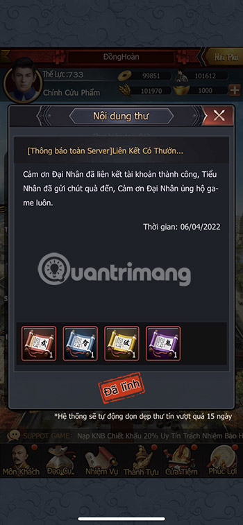 Mở mục Thư Tín để nhận phần quà tương ứng với giftcode đã nhập.