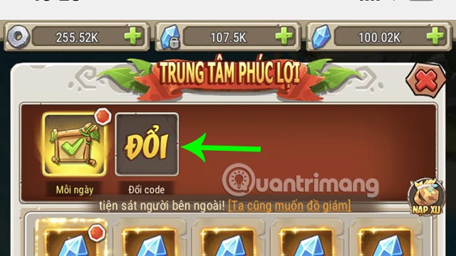 Vào phần Đổi để tiến hành nhập code.