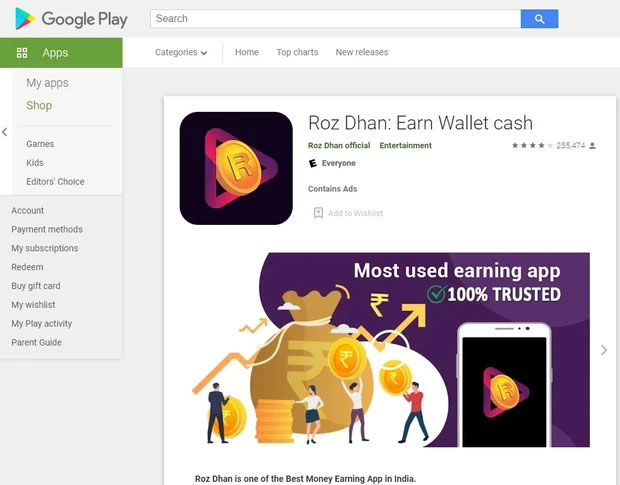 Phần mềm độc hại này được phát hiện ẩn giấu trong ứng dụng Roz Dhan: Earn Wallet cash trên Google Play Store.
