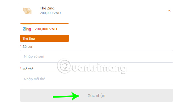 Nhập Số seri và Mã thẻ Zing bạn đã mua vào đúng ô rồi bấm Xác nhận để hoàn tất quá trình nạp thẻ.