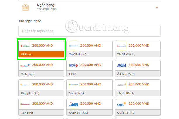 Tìm và chọn ngân hàng của bạn để tiến hành thanh toán.