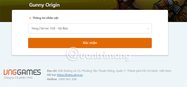 Lựa chọn nhân vật và server mà bạn muốn tiến hành nạp thẻ và bấm Xác nhận