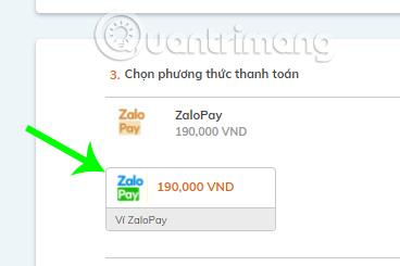 Lựa chọn ZaloPay làm phương thức thanh toán.