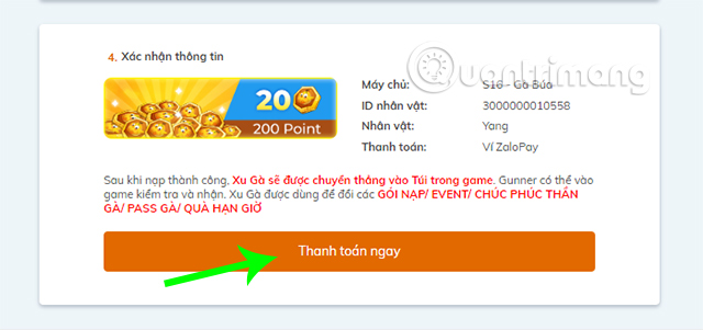 Lựa chọn ZaloPay làm phương thức thanh toán.