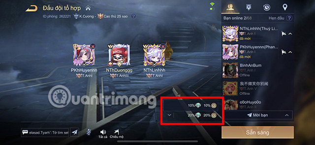 Chơi game cùng bạn bè sẽ giúp gia tăng 10% lượng vàng.