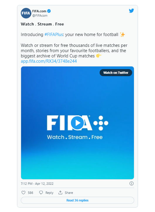 Trang Twitter tích xanh của Liên đoàn Bóng đá quốc tế FIFA đăng tải thông tin ra mắt nền tảng phát trực tuyến FIFA +.