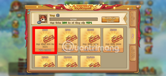 Lựa chọn gói nạp phù hợp với nhu cầu của người chơi.