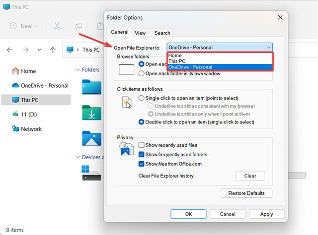 Tùy chọn cho phép người dùng thiết lập OneDrive làm thư mục mặc định