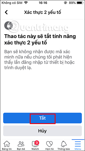 Hủy xác thực 2 lớp Facebook bằng SMS