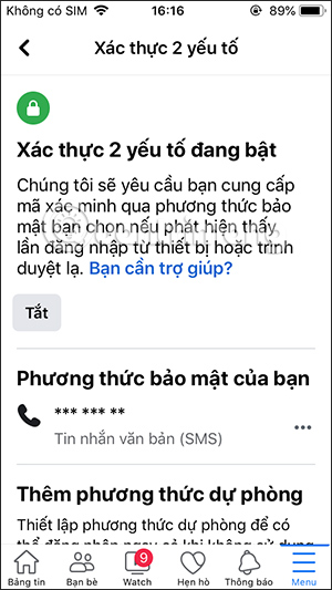 Nhấn tắt xác thực 2 lớp Facebook