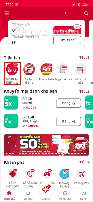 Đăng ký ST5KM Viettel trên My Viettel