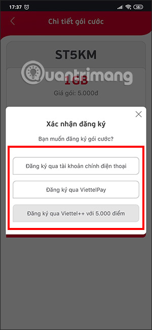 Chọn cách thức thành toán gói ST5KM Viettel
