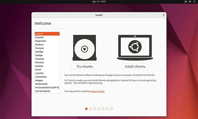 Màn hình lựa chọn cài đặt Ubuntu