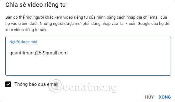 Nhập địa chỉ email người nhận video YouTube