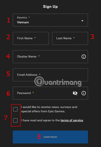 Điền những thông tin cần thiết để đăng ký tài khoản Epic Games