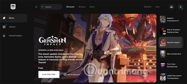 Hoàn tất quá trình cài đặt, giao diện chính của Epic Games Launcher xuất hiện