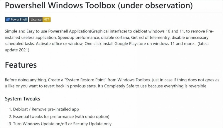 Những gì Powershell Windows Toolbox tuyên bố nó có thể làm được