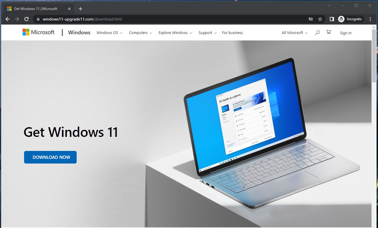 Trang tải Windows 11 giả mạo