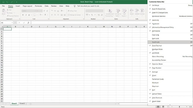 Trang tính Excel với Scroll Lock