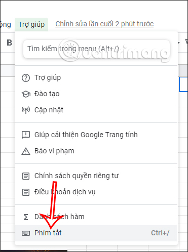 Bật phím tắt trong bảng Google Sheets